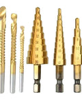 Front view of a six-piece titanium-coated drill bit set, including three twist bits and three stepped bits for metal and wood.