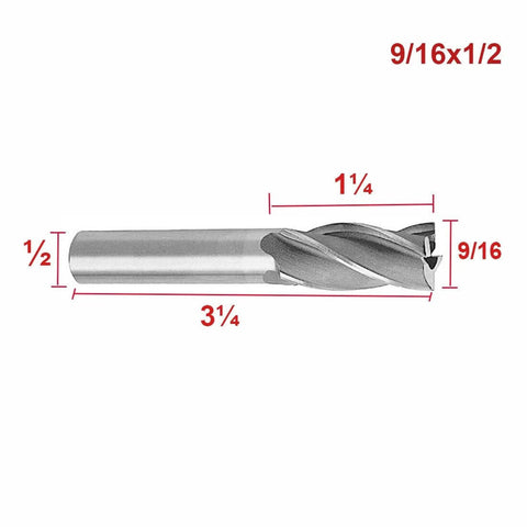 End mill cutter with square nose and straight shank; silver metal, 9/16-inch cutting diameter