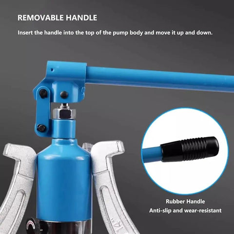 Heavy Duty Hydraulic Bearing Puller And Gear Extractor With 50 Ton Capacity, showing removable blue handle and alloy steel components.