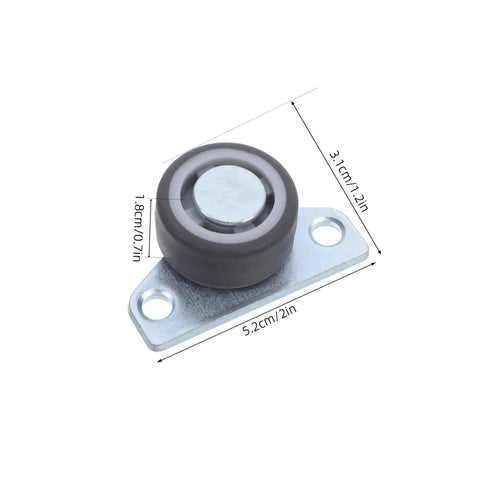 Set Of Four Adjustable Door Wheel Rollers For Sliding Closet Barn Doors With Heavy Duty Silent Pulleys Quick No Sweat Side Or Vertical Mount Hardware For Movable Furniture And Cabinets mounted roller with grey wheel and metal base dimensions displayed.