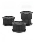 Four Pack Adjustable Furniture Leg Levelers with Sponge Base for tables, cabinets, and chairs on uneven floors, three pieces shown