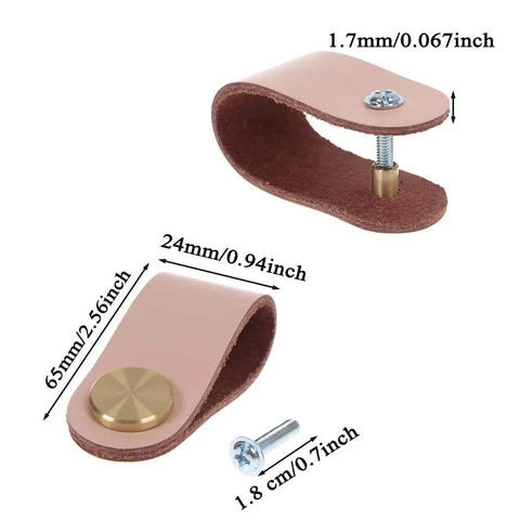 Rock Solid Set Of Six Premium Genuine Cowhide Leather Drawer Pulls With Brass Screws Handmade Cabinet Handles For Bedroom Bathroom Home Decor Light Green shown with measurements.
