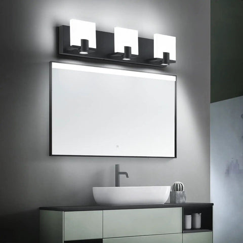 Matte Black 3 Light LED Vanity Fixture for Bathroom Over Mirror, White Acrylic Shades, Dimmable, IP44 Waterproof Wall Lighting, Modern Slick Vanity Bar