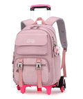 Pink rolling backpack luggage with wheels, trolley bag for girls and boys, large capacity, padded S straps, multiple pockets, front view.