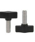 Rugged Workhorse Heavy Duty Thumb Screws With Durable Black Aluminum Knobs Crafted For Hassle Free Tool Free Assembly Quick Fixes And Serious Garage Hacks Four Pack, featuring black aluminum knobs and stainless steel screws.