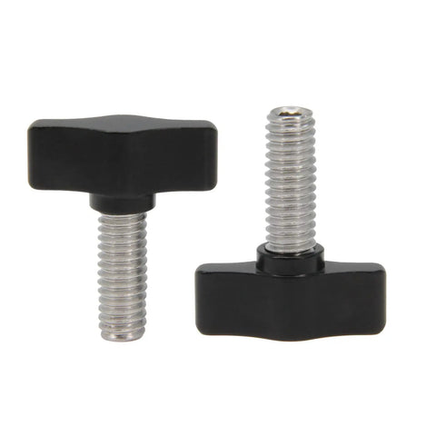 Rugged Workhorse Heavy Duty Thumb Screws With Durable Black Aluminum Knobs Crafted For Hassle Free Tool Free Assembly Quick Fixes And Serious Garage Hacks Four Pack, featuring black aluminum knobs and stainless steel screws.
