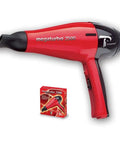 Red Mega Turbo 2500 Heat Dryer with 60 m³/h air output, ergonomic handle, black concentrator nozzle, and box packaging.