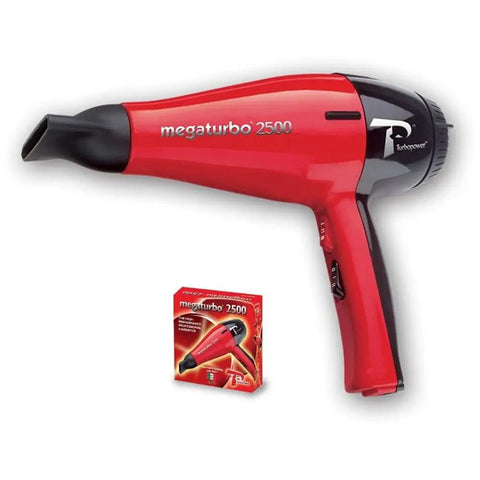 Red Mega Turbo 2500 Heat Dryer with 60 m³/h air output, ergonomic handle, black concentrator nozzle, and box packaging.