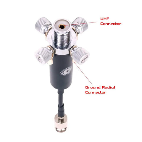 Close-up of the multi-connector head with SO239, 3/8-24, and UHF connectors for Portable Antenna Tripod Mast With Multi Connector Head SO239 3 8 24 And 1 4 Inch Camera Screw For CB HF Ham Radios And Photography Gear A Lightweight Tower Compatible With GRA 7350T For Field Ops.