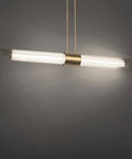 Super Sleek Linear Led Pendant Light Featuring Contemporary Ceiling Fixtures With Tight Profiles And Warm Aged Brass Finishes That Truly Hits Different On Kitchen Islands Or Main Dining Tables, showcasing brass housing and sleek design.