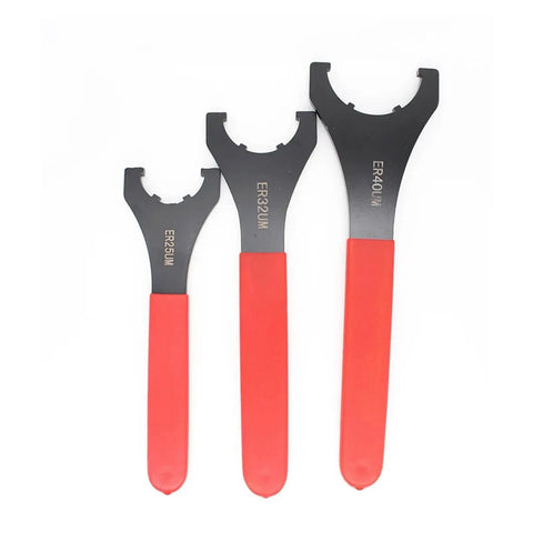Top Tier UM Type ER25 Collet Key Wrench For ER20 ER32 Nuts Perfect Smooth Grip On CNC Milling And Lathe Tool Holders Quick Swaps Made Easy, showing three sizes.