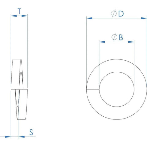 FullerKreg 1/4 in medium split lock washer, 18-8 stainless steel, technical drawing
