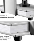 Game Changing Heavy Duty Steel Book Press Machine Built To Flatten Wrinkled A3 And A4 Sheets With Double Balance Rod, close up of paper stop and foot pads.