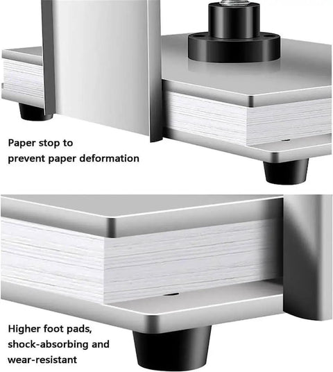 Game Changing Heavy Duty Steel Book Press Machine Built To Flatten Wrinkled A3 And A4 Sheets With Double Balance Rod, close up of paper stop and foot pads.