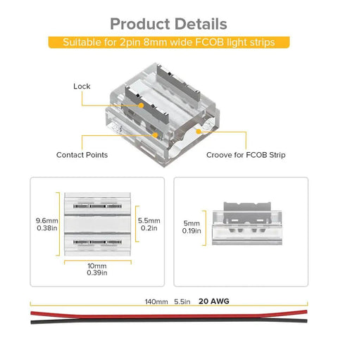 Detailed view of FCOB LED Connector Kit 8mm 0.31in Transparent Solderless Connectors showing dimensions and contact points.