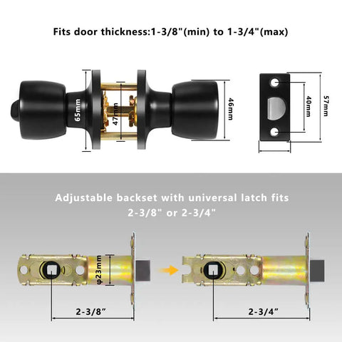 Diagram showing dimensions of the 10 Pack Matte Black Privacy Door Knob Set With Keyless Round Locks, adjustable backset included