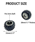 4 Pack RC Car Wheels With Metal Shafts Fits 3mm Axles showing product size of 55mm diameter and 28mm thickness