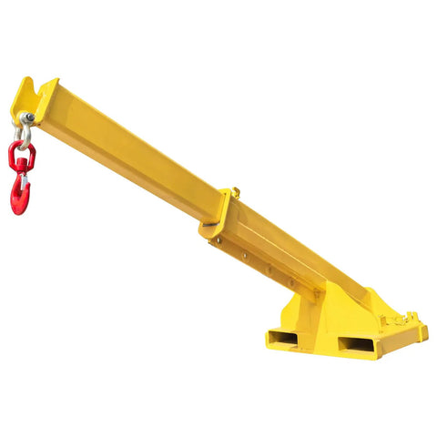 Beat Down Tough 11000 Lb Forklift Jib Boom Crane Telescopic Lifting Hoist Attachment with yellow finish and hook for heavy loads.