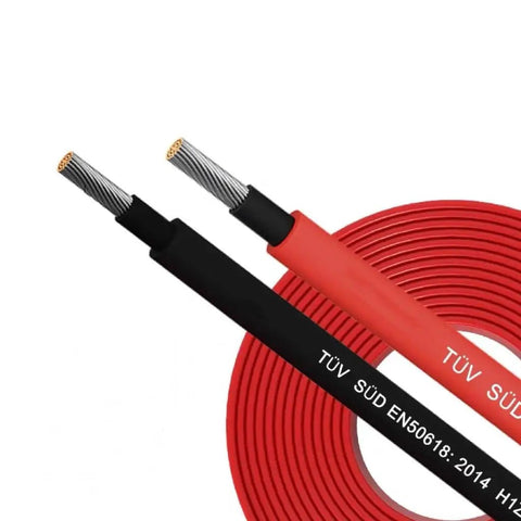 Heavy Duty 100 Ft Solar Extension Cable Set With Black And Red 10 AWG Wire And Six Pairs Solar Connectors For RV And Photovoltaic Systems Perfect For Off Grid DIY Projects Built To Last shown with TÜV certified insulation