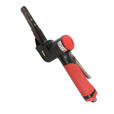 Jauarta 1/4 Inch Pneumatic Air Belt Sander High Speed 20K RPM Handheld Grinding Machine with red handle and sanding belt visible.