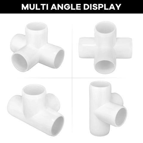4 Way PVC Fittings 1 Inch 12 Pack Heavy Duty Furniture Grade Pipe Connectors in multi-angle display view