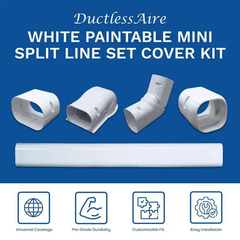 Zero Fuss Mini Split Line Set Cover Paintable Kit Crisp White Four By Fourteen Feet Complete Wall Cap Tubing Cover For Ductless Ac Systems with connectors and tubing.