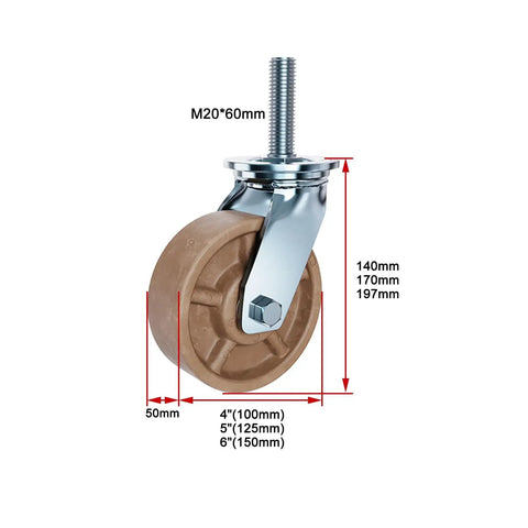 Heavy Duty Caster Wheels That Are Tough As Nails With Top Plate Swivel, 6-inch 420 kg capacity, threaded stem M20x60mm