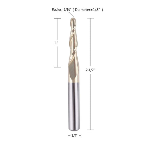 Tapered Ball Nose End Mill One Quarter Inch Shank With One Sixteenth Inch Radius For 3D Carving Engraving Router Bit, front view.