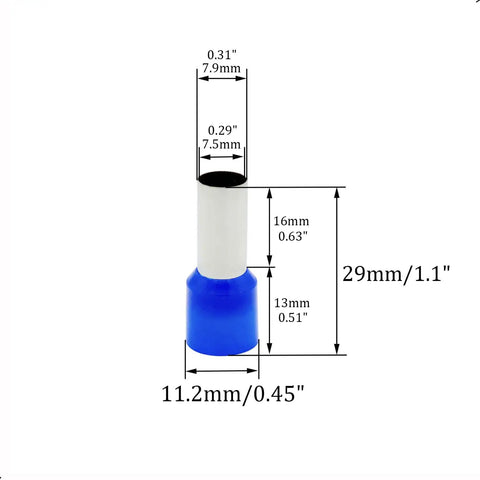 20 Pcs AWG4 25mm2 Copper Wire Ferrules Crimp Connectors VE25-16 Insulated Cord End Terminals Kit For Car Audio Electronics And Communication Equipment Blue, dimensions labeled