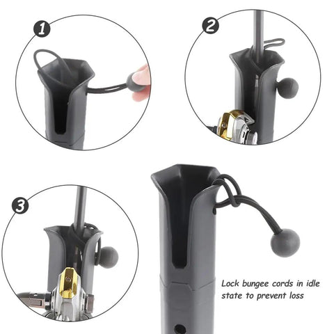 Close-up of Three Tube Adjustable Fishing Rod Holder for Boats and Kayaks with bungee cords and pole inserter
