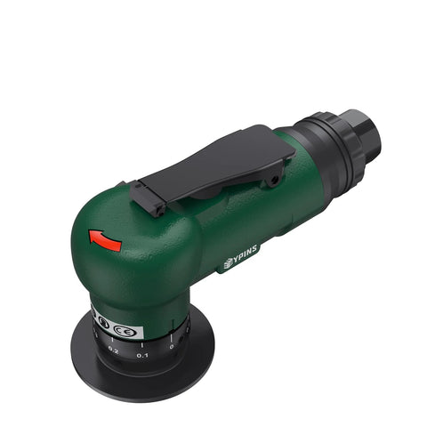 EYPINS mini pneumatic chamfering tool side view; green metal body with black lever, 90-degree head, and 1/4 inch inlet