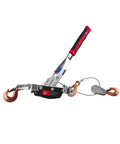 5 Ton Capacity Come Along Winch Portable Power Puller Beast With 11 Feet 6 Inches Steel Cable Dual Gear Heavy Duty Hand Winch Tool Three Hooks For Vehicle Recovery Trailers Fences Logs And More, angled view with steel cable and hooks