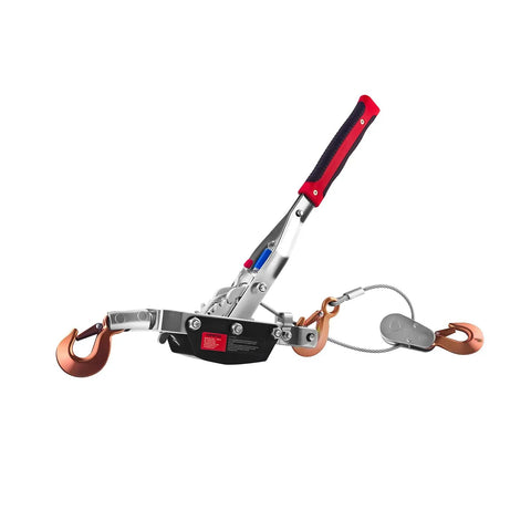 5 Ton Capacity Come Along Winch Portable Power Puller Beast With 11 Feet 6 Inches Steel Cable Dual Gear Heavy Duty Hand Winch Tool Three Hooks For Vehicle Recovery Trailers Fences Logs And More, angled view with steel cable and hooks