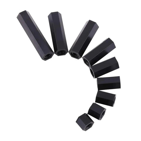 Order 100 M3 Female To Female Hex Nylon Standoff Spacers Black Pillars For Circuits And Machinery Mounting showing various lengths.