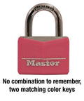 Front view of pink covered aluminum keyed padlock with steel shackle, 1-9/16 inch lock body, for gym or school lockers, Master logo visible.