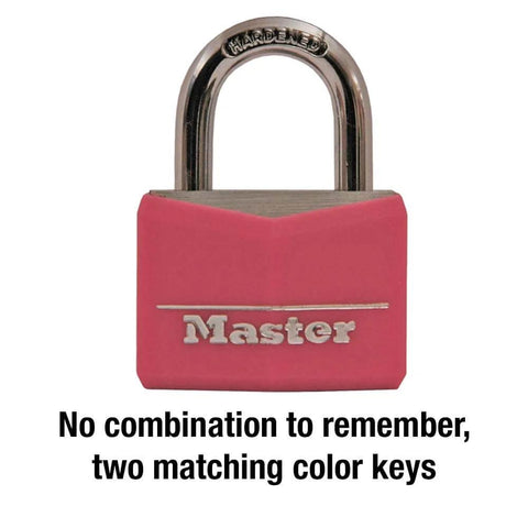Front view of pink covered aluminum keyed padlock with steel shackle, 1-9/16 inch lock body, for gym or school lockers, Master logo visible.