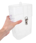 Tough As Nails Weatherproof Socket Box For E Bike Charger Shield durable rain resistant cover, clear plastic housing held in hand.