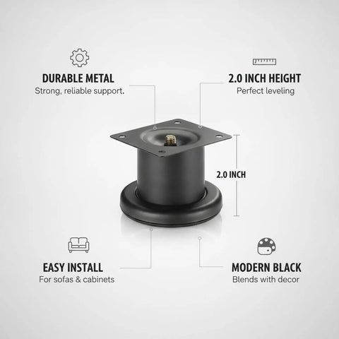 Beefy Bulletproof Black Metal Replacement Leg For Sofas Cabinets And Bed Frames 2 Inch Elevation Heavy Duty Support Foot shown with specs