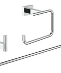 Essentials Cube 3-in-1 Bathroom Accessory Set In Polished Chrome, Metal Build With No Visible Screws, Includes 24-Inch Towel Bar, Toilet Paper Holder, And Robe Hook For A Sleek, Durable, Modern Bath Upgrade