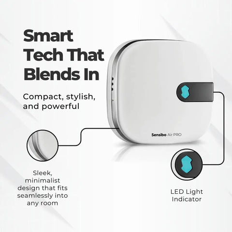 Smart Air Conditioner Controller With Built-In Air Quality Sensor, minimal design, LED light, shown at an angle.