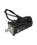 Front view of a 750W servo motor with holding brake, black housing and silver output shaft.