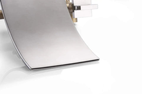 Close-up of brushed nickel spout on Wall Mount Waterfall Tub Faucet Three-Hole Brushed Nickel, Solid Brass Bath Filler With Ultra High Flow