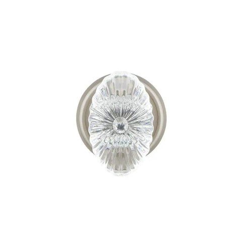 Classic Rosette With Oval Fluted Crystal Glass Knob, Double Dummy Door Hardware In Satin Nickel Finish, top view