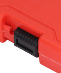 Super Cool 10 Piece Screw Extractor Set Made From Tough Chrome Moly Steel To Rip Out Stripped Bolts and Broken Fasteners With Ease Featuring Red Storage Box For Easy Tool Organization. red storage box latch close-up