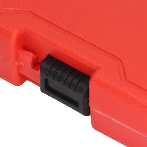 Super Cool 10 Piece Screw Extractor Set Made From Tough Chrome Moly Steel To Rip Out Stripped Bolts and Broken Fasteners With Ease Featuring Red Storage Box For Easy Tool Organization. red storage box latch close-up