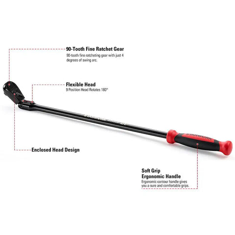 True Mechanic 90 Tooth Dust Proof Black Chrome Locking Flex Head Ratchet With One Half Inch Drive visible with flexible head.