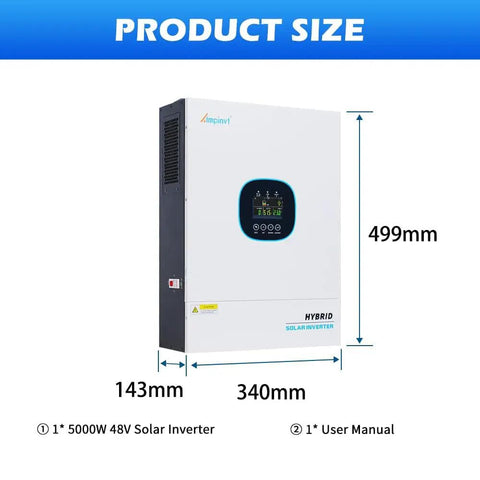 5000W Pure Sine Wave Solar Inverter 48V DC To 120V AC with Built In 100A MPPT Controller, shown with dimensions