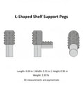 Diagram of heavy duty L-shaped shelf pegs for cabinets and wardrobes, gray glass pins fit 5mm holes, 10 pack, keeps shelves level.