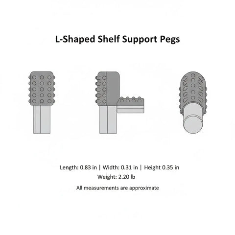 Diagram of heavy duty L-shaped shelf pegs for cabinets and wardrobes, gray glass pins fit 5mm holes, 10 pack, keeps shelves level.