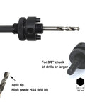 Heavy Duty Bimetal Hole Saw Arbor Mandrel With Rock Solid 3/8 Inch Hex Shank Adapter, featuring split tip HSS drill bit.
